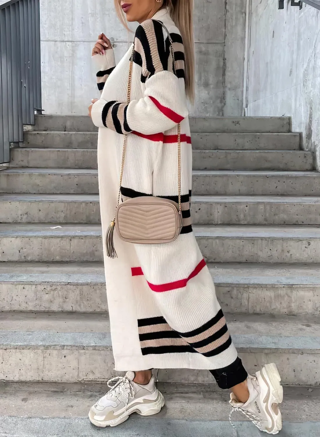 ebossy Women's Vintage Open Front Knit Striped Maxi Long Cardigan Sweater with Pockets