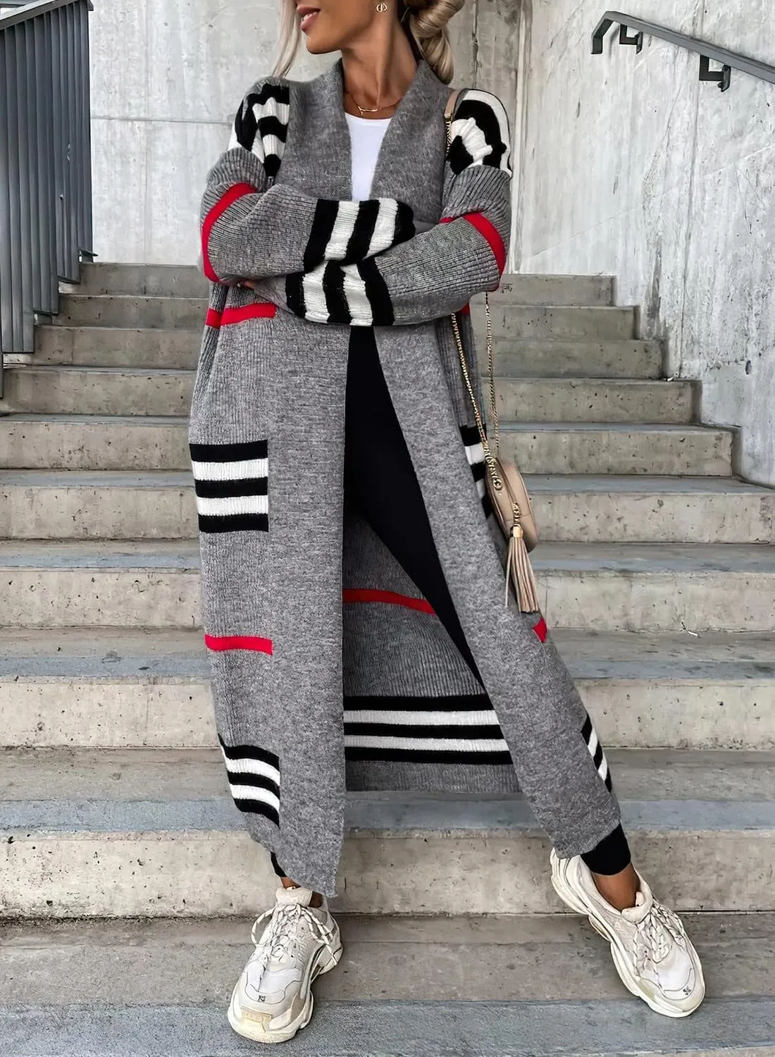 ebossy Women's Vintage Open Front Knit Striped Maxi Long Cardigan Sweater with Pockets