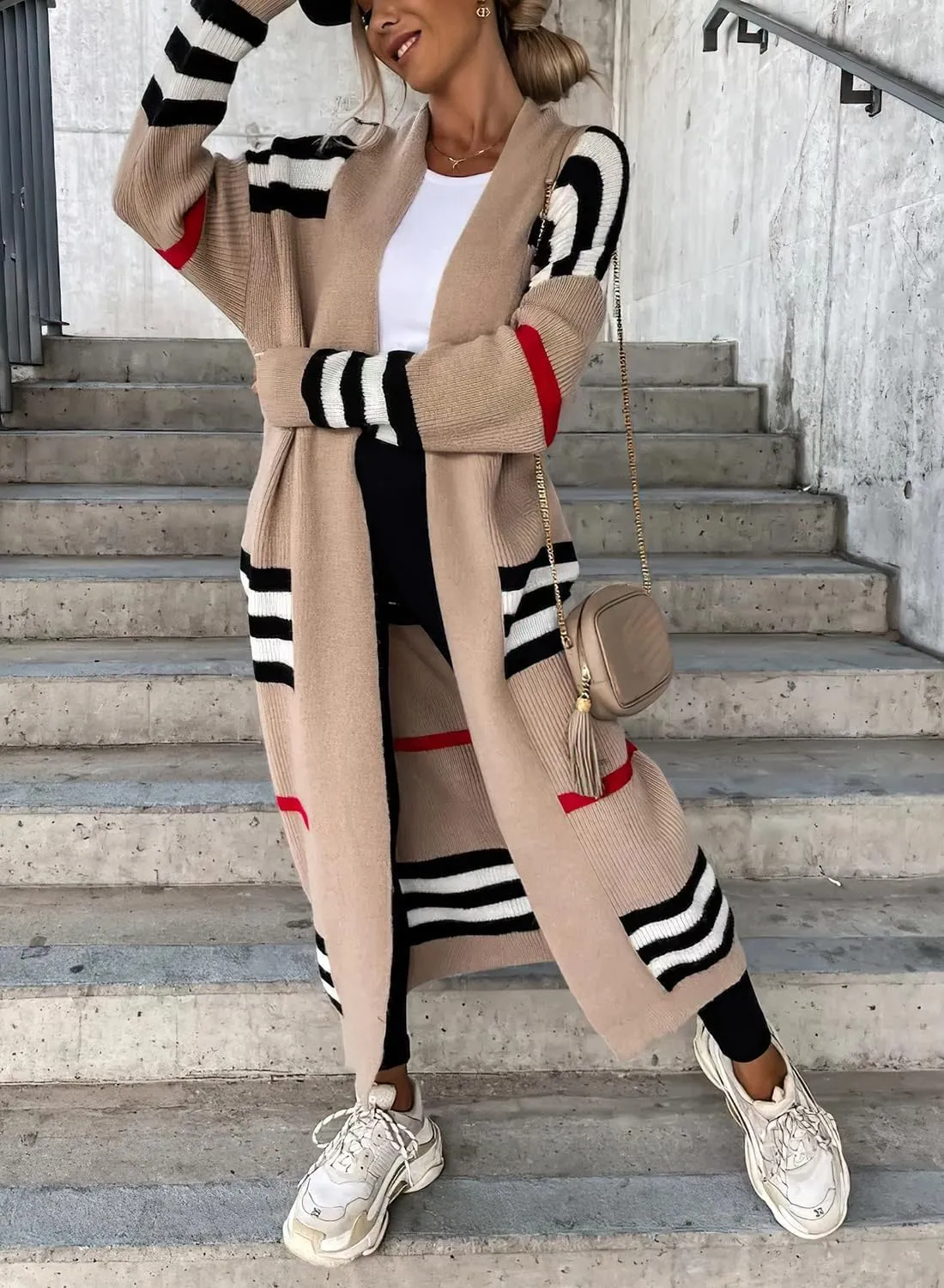 ebossy Women's Vintage Open Front Knit Striped Maxi Long Cardigan Sweater with Pockets
