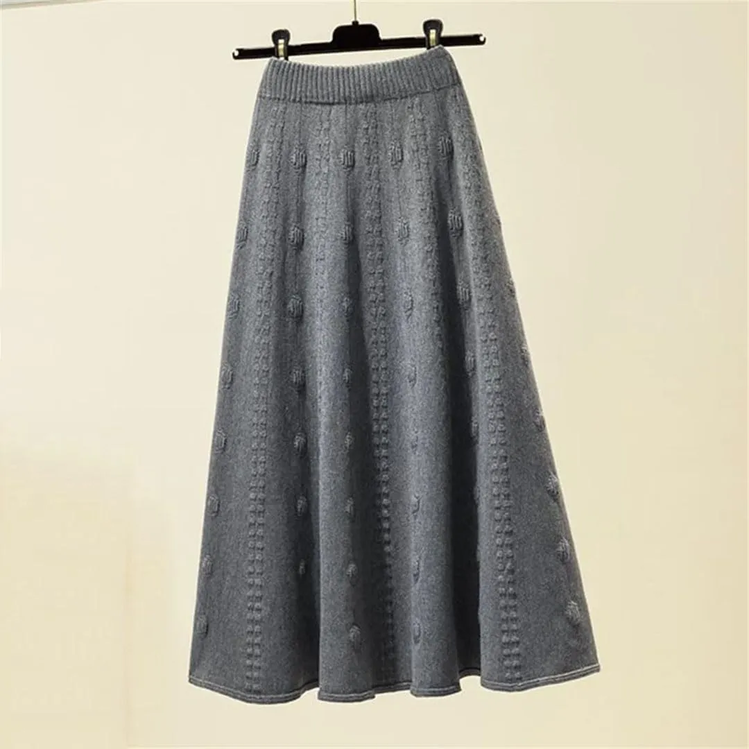 Elastic High Waist Knitted Skirt Women Autumn Winter Solid Color Pleated Long Skirt Elegant A Line Sweater Skirt