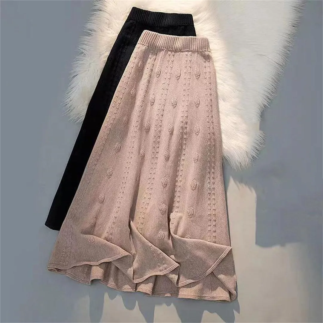 Elastic High Waist Knitted Skirt Women Autumn Winter Solid Color Pleated Long Skirt Elegant A Line Sweater Skirt