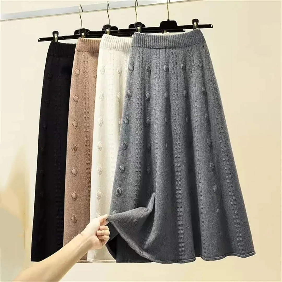 Elastic High Waist Knitted Skirt Women Autumn Winter Solid Color Pleated Long Skirt Elegant A Line Sweater Skirt
