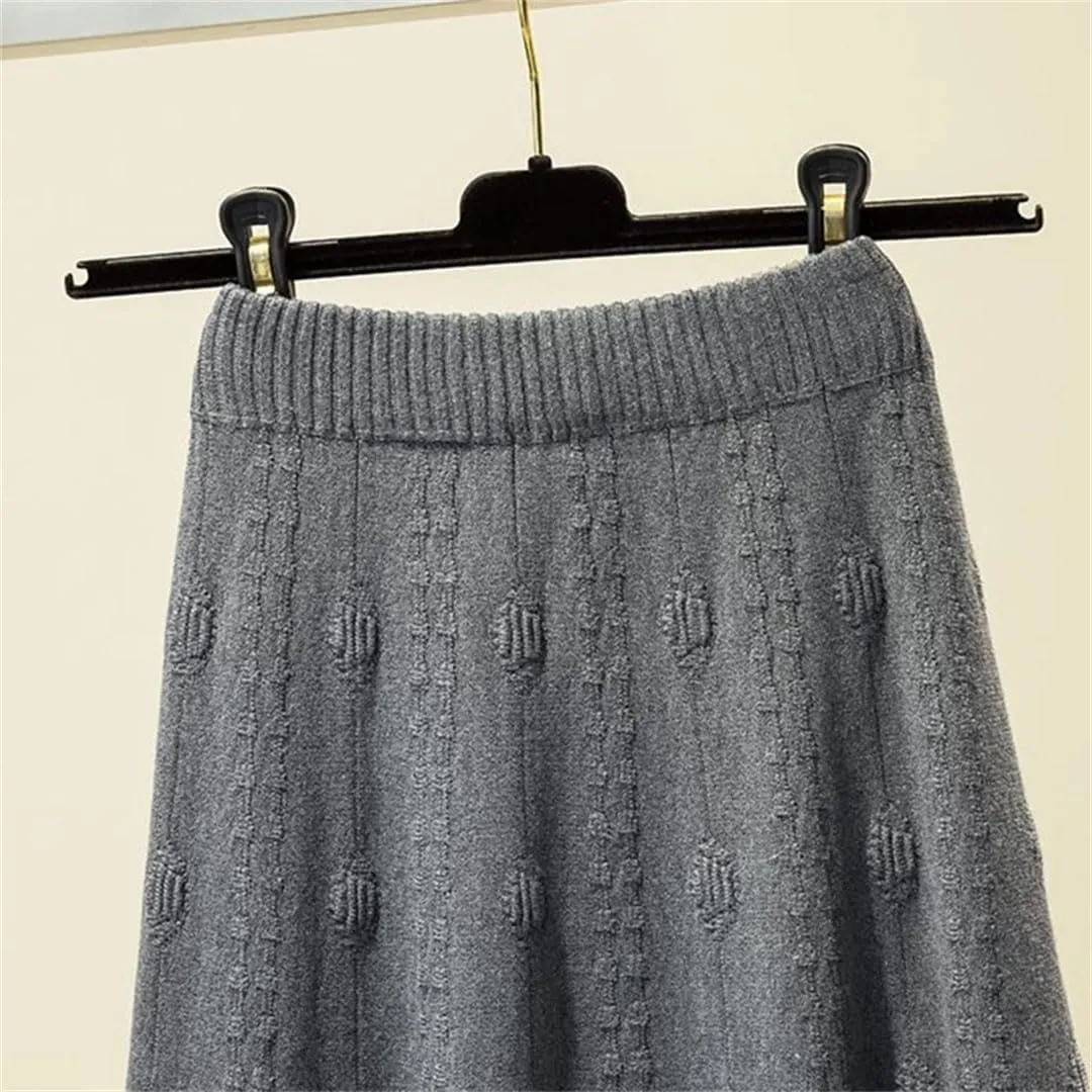 Elastic High Waist Knitted Skirt Women Autumn Winter Solid Color Pleated Long Skirt Elegant A Line Sweater Skirt