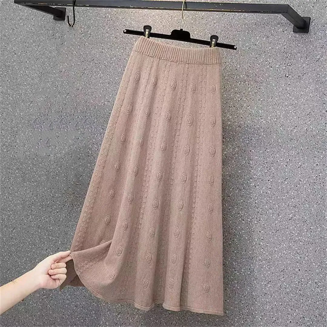 Elastic High Waist Knitted Skirt Women Autumn Winter Solid Color Pleated Long Skirt Elegant A Line Sweater Skirt