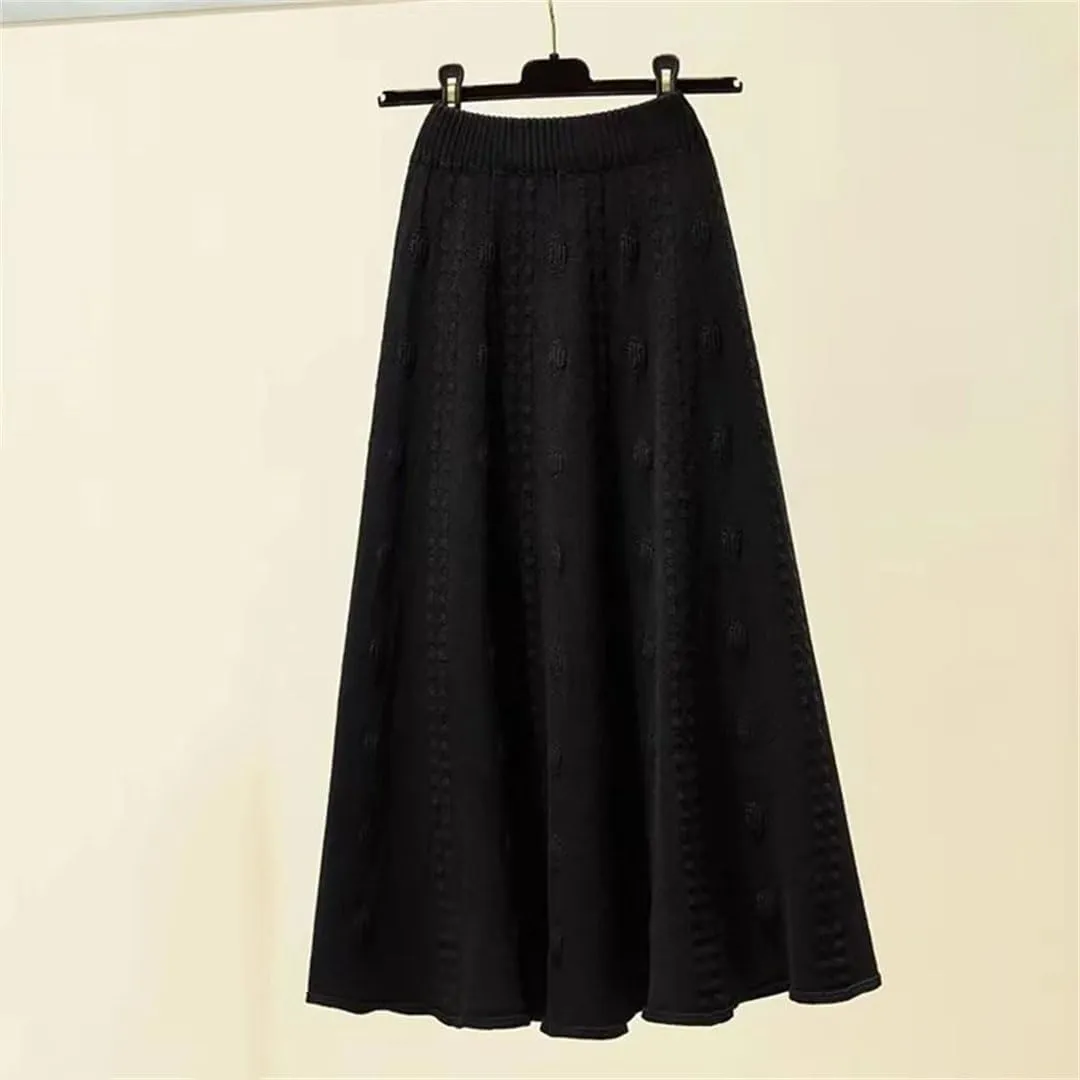 Elastic High Waist Knitted Skirt Women Autumn Winter Solid Color Pleated Long Skirt Elegant A Line Sweater Skirt