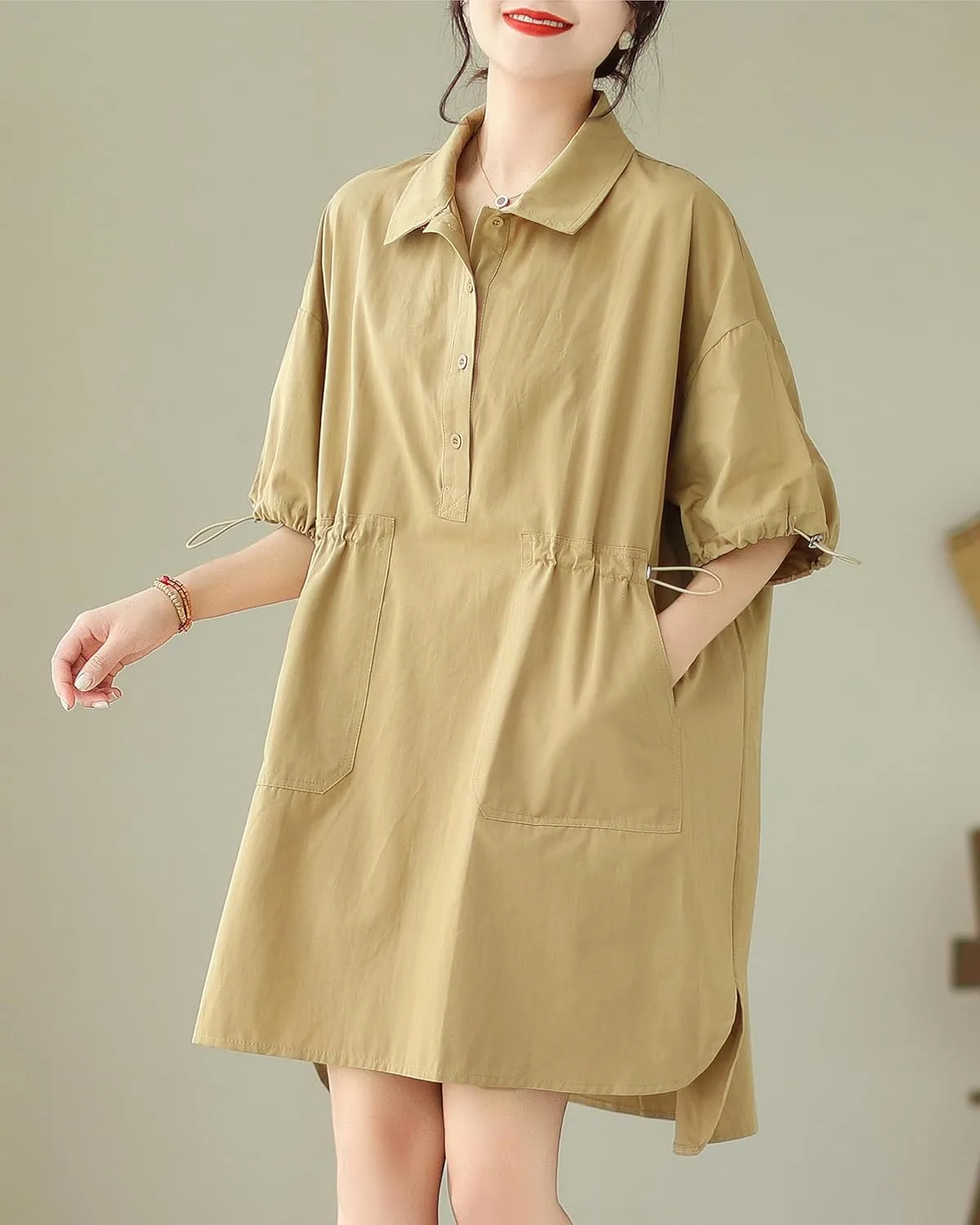 ellazhu Women's Half Sleeve Polo Collar Solid Color Button Down High Low Tunic Dress Shirts GA2689