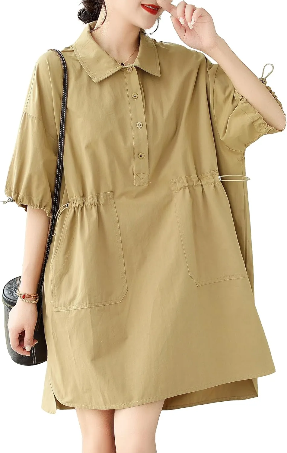 ellazhu Women's Half Sleeve Polo Collar Solid Color Button Down High Low Tunic Dress Shirts GA2689