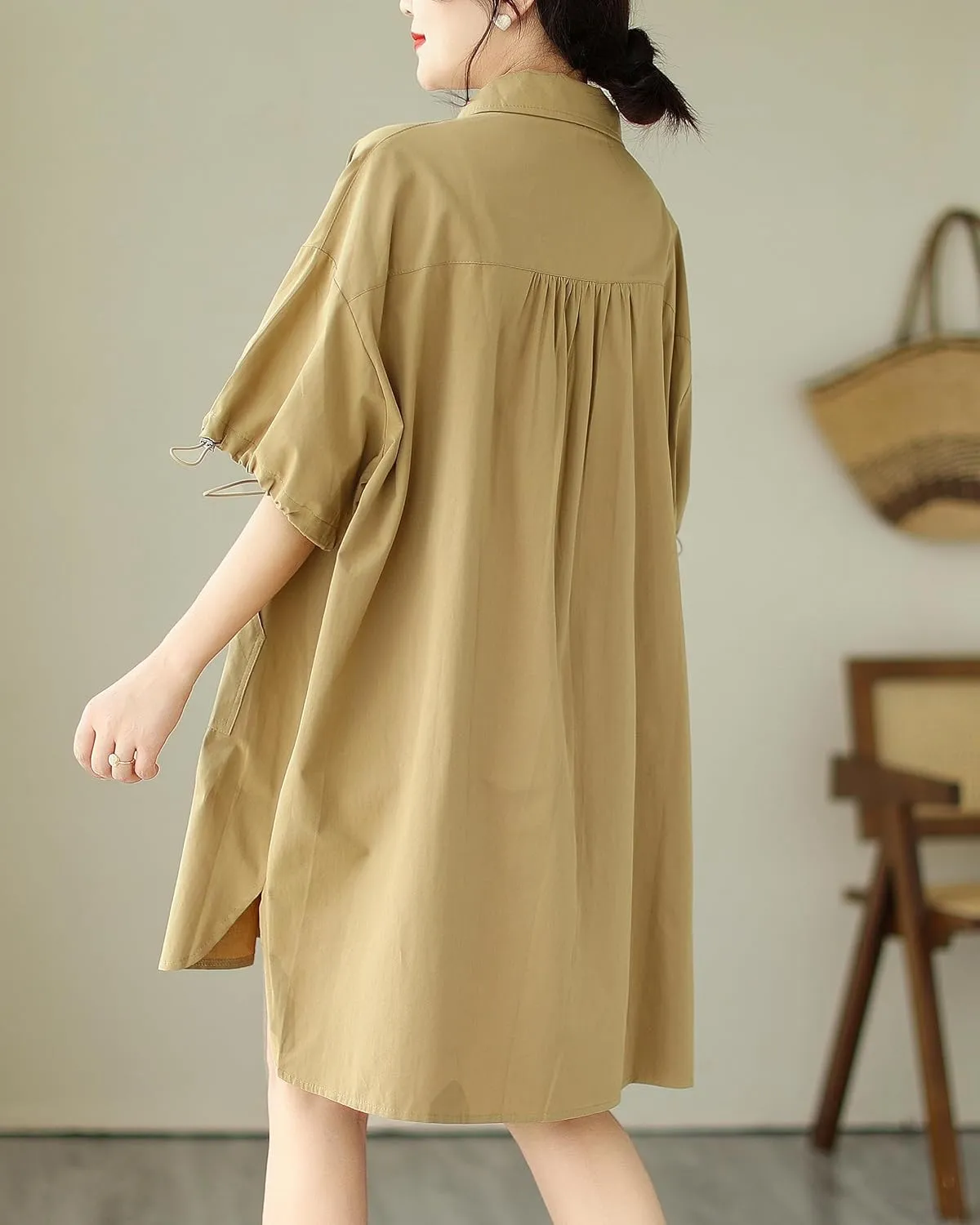 ellazhu Women's Half Sleeve Polo Collar Solid Color Button Down High Low Tunic Dress Shirts GA2689