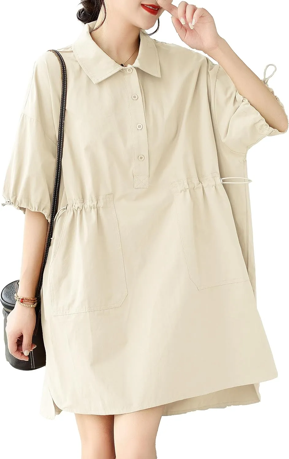 ellazhu Women's Half Sleeve Polo Collar Solid Color Button Down High Low Tunic Dress Shirts GA2689