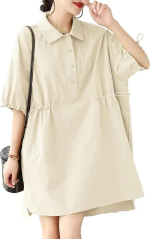 ellazhu Women's Half Sleeve Polo Collar Solid Color Button Down High Low Tunic Dress Shirts GA2689