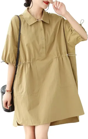 ellazhu Women's Half Sleeve Polo Collar Solid Color Button Down High Low Tunic Dress Shirts GA2689