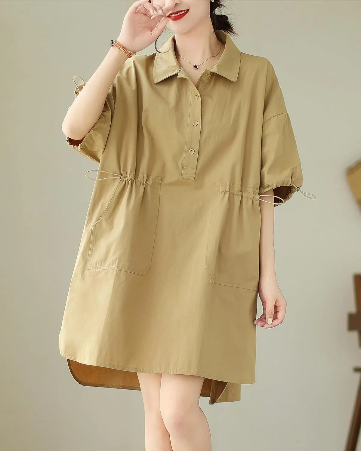 ellazhu Women's Half Sleeve Polo Collar Solid Color Button Down High Low Tunic Dress Shirts GA2689