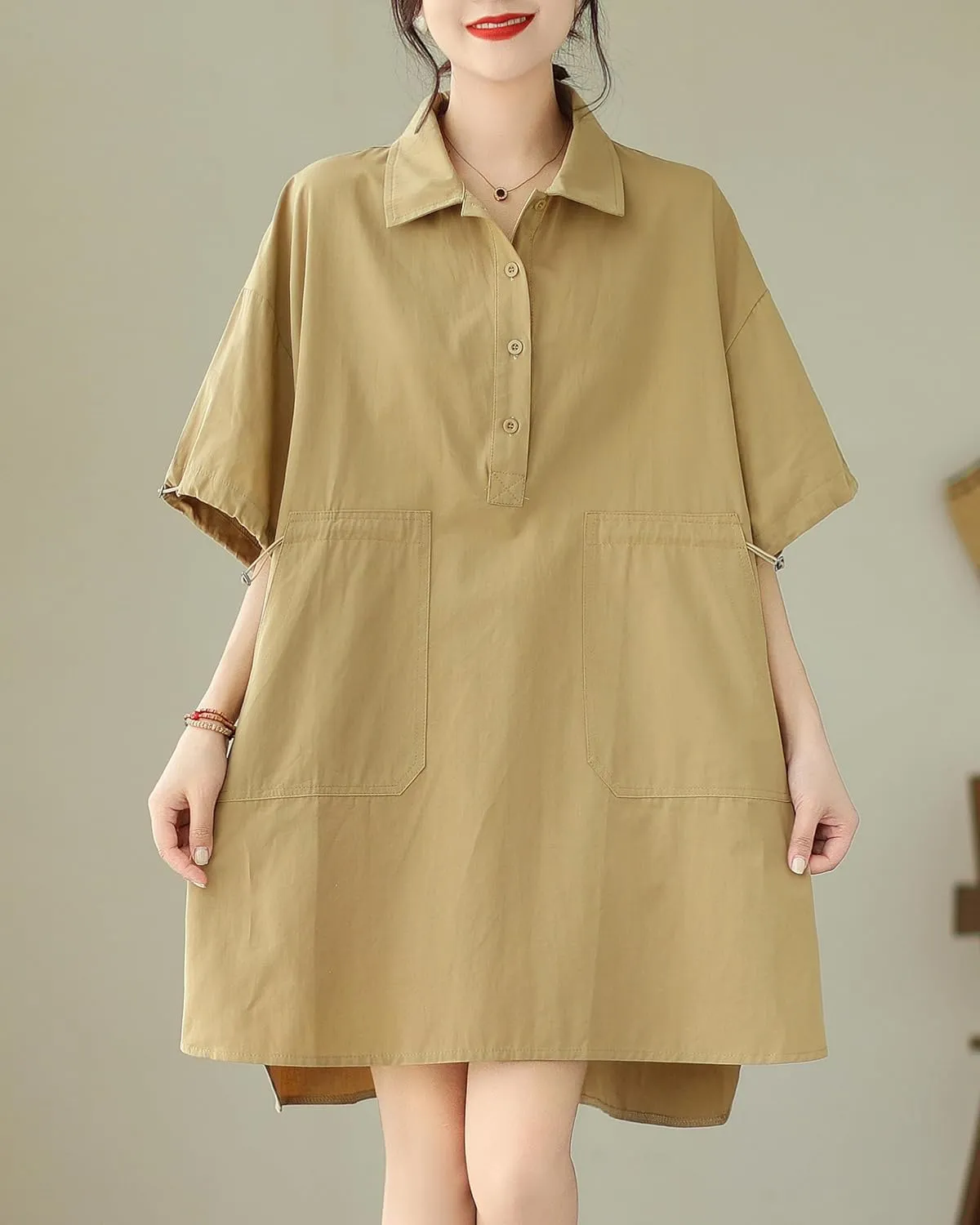 ellazhu Women's Half Sleeve Polo Collar Solid Color Button Down High Low Tunic Dress Shirts GA2689