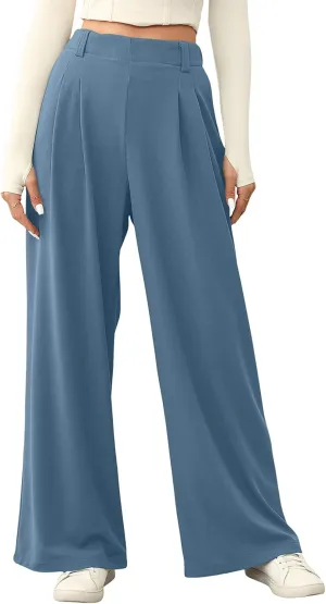 EVALESS Wide Leg Pants for Women Elastic High Waisted Waffle Knit Fleece Palazzo Pants Trousers with Pockets