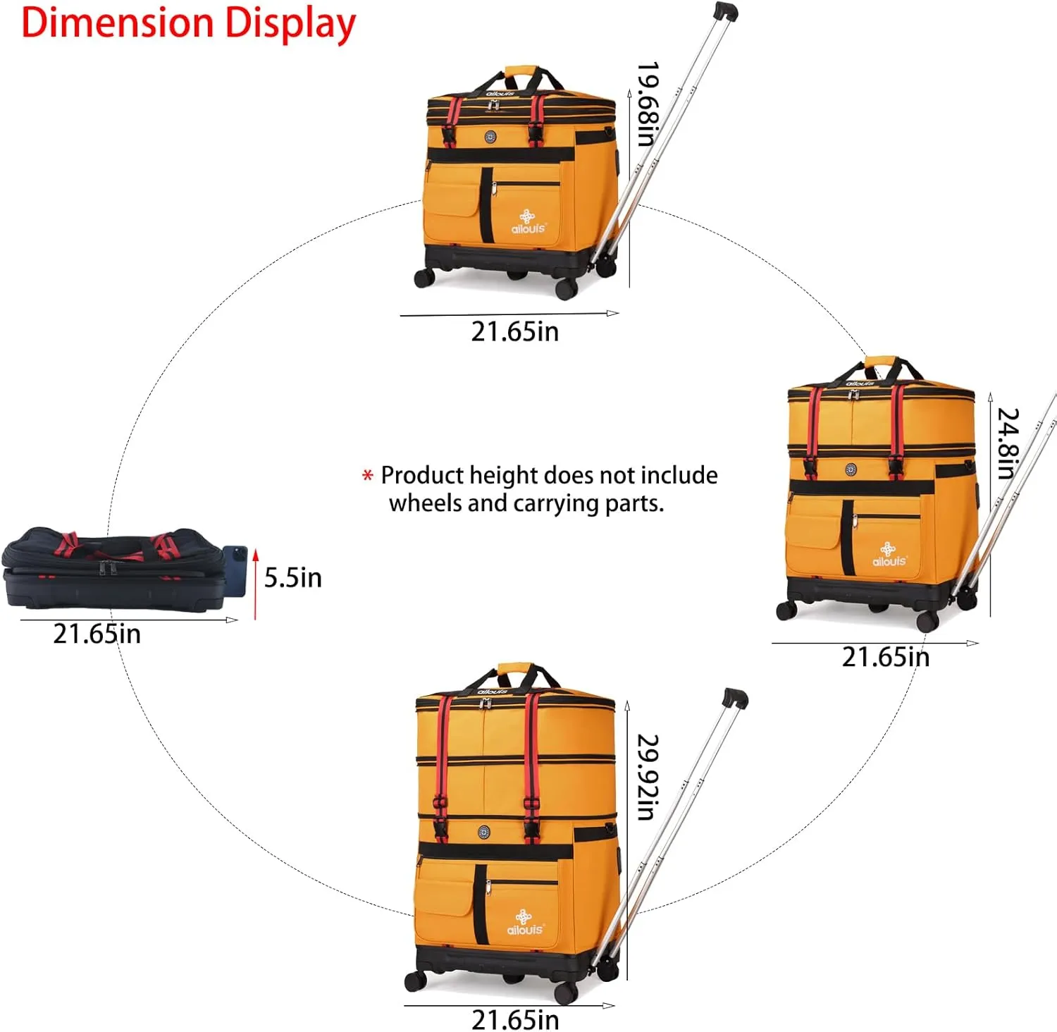 Expandable Foldable Luggage Bag with Telescoping Handle Collapsible Suitcase with Removable Wheels Rolling Travel Bag Duffel Bag for Men Women