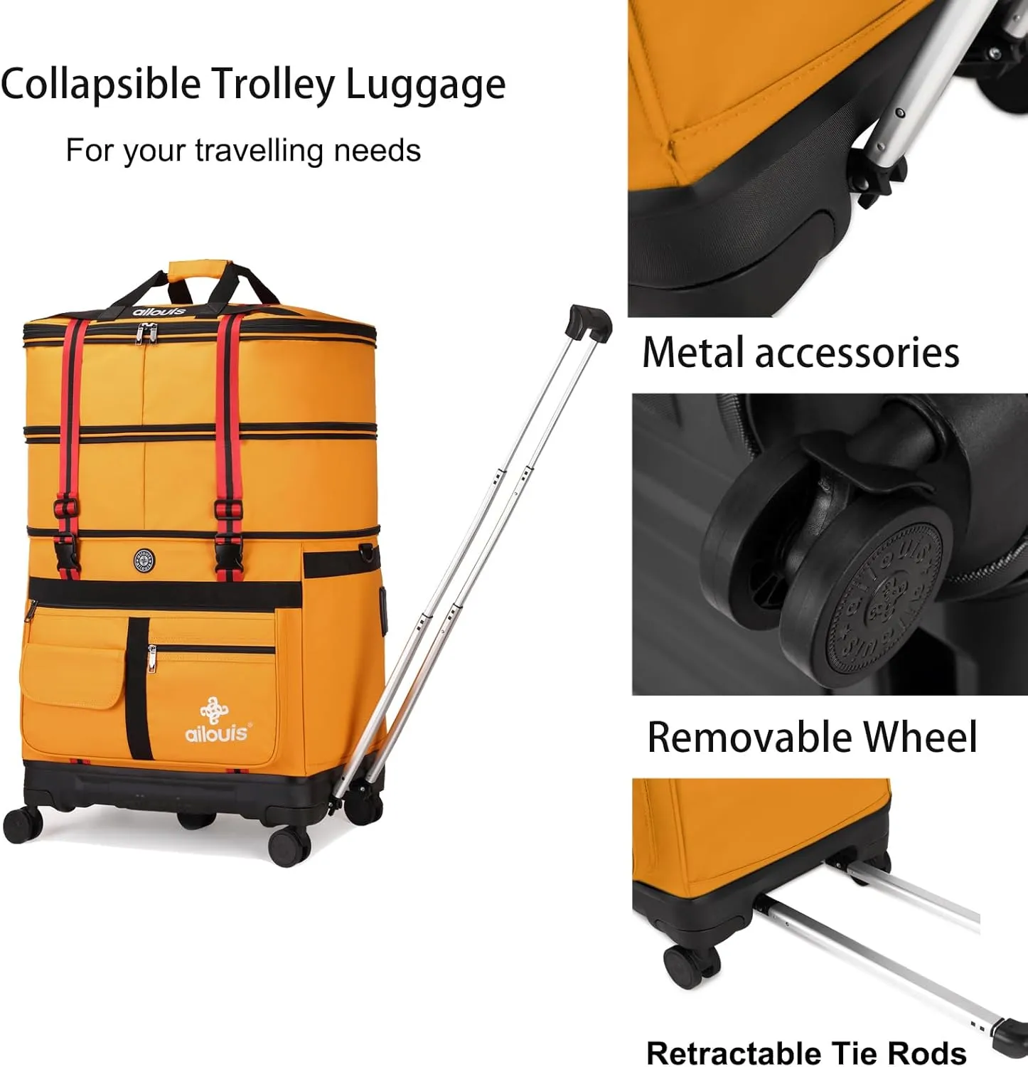 Expandable Foldable Luggage Bag with Telescoping Handle Collapsible Suitcase with Removable Wheels Rolling Travel Bag Duffel Bag for Men Women