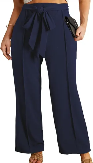 Eytino Plus Size Pants for Women Casual High Waisted Tie Knot Loose Work Pant Lounge Trousers with Pockets(1X-5X)