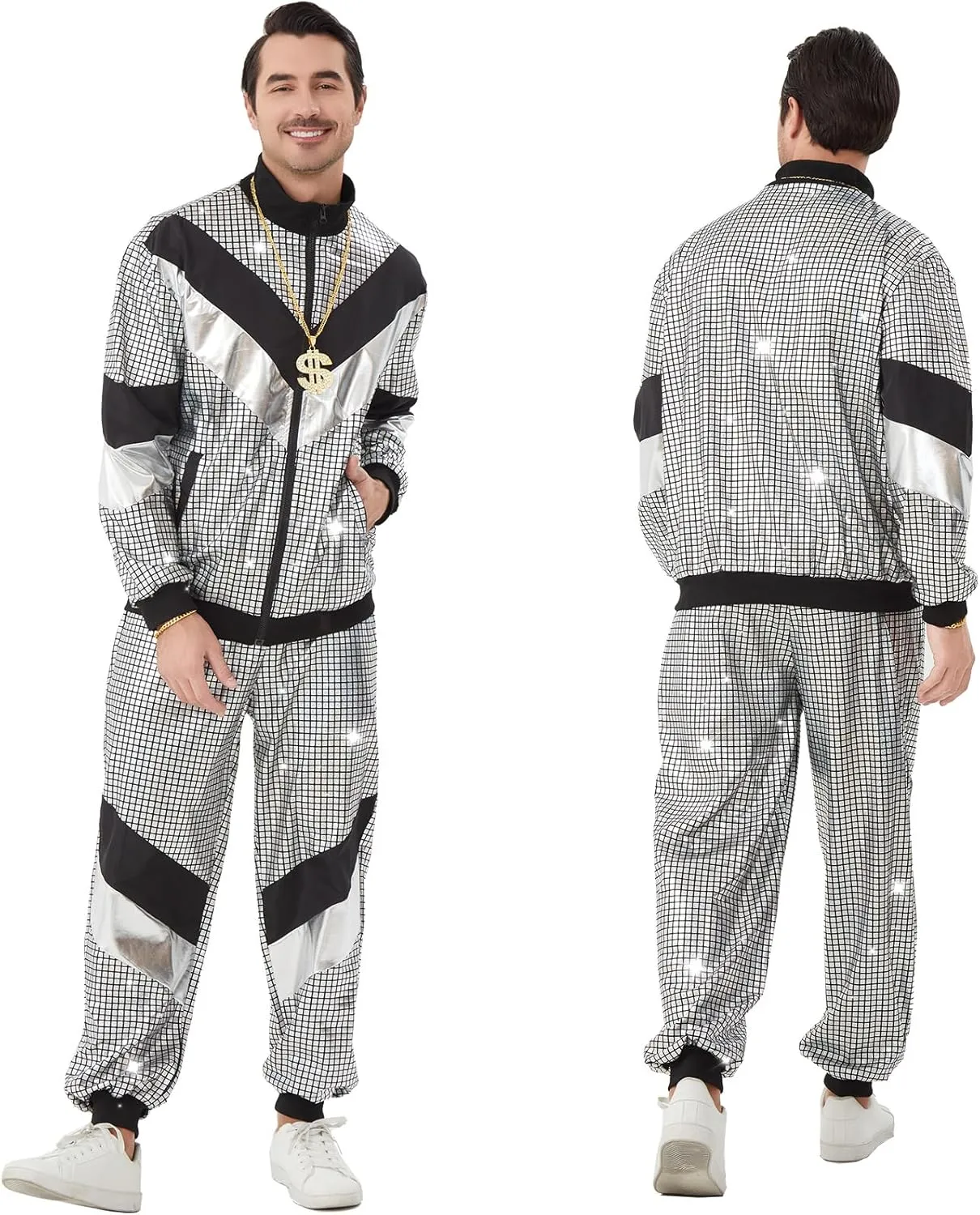 Ezuwail 70s Outfits for Men Women 80s Outfit Disco Track Suits Halloween Costumes Tracksuit Sportswear 7pcs