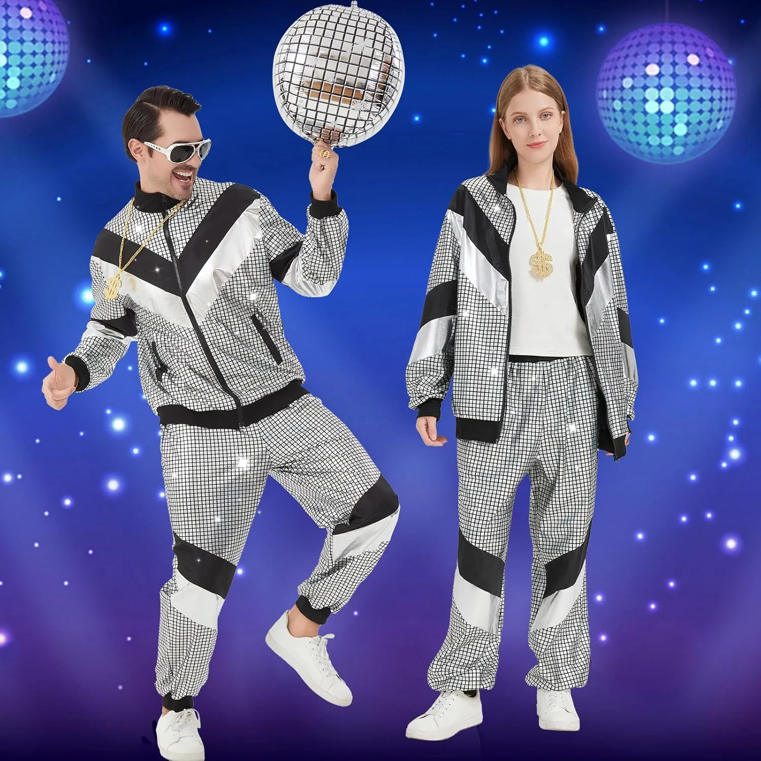 Ezuwail 70s Outfits for Men Women 80s Outfit Disco Track Suits Halloween Costumes Tracksuit Sportswear 7pcs