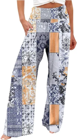Fashion Print Cotton Linen Casual Pant for Women, Summer Lightweight Breathable Outdoor Trendy Palazzo Trousers