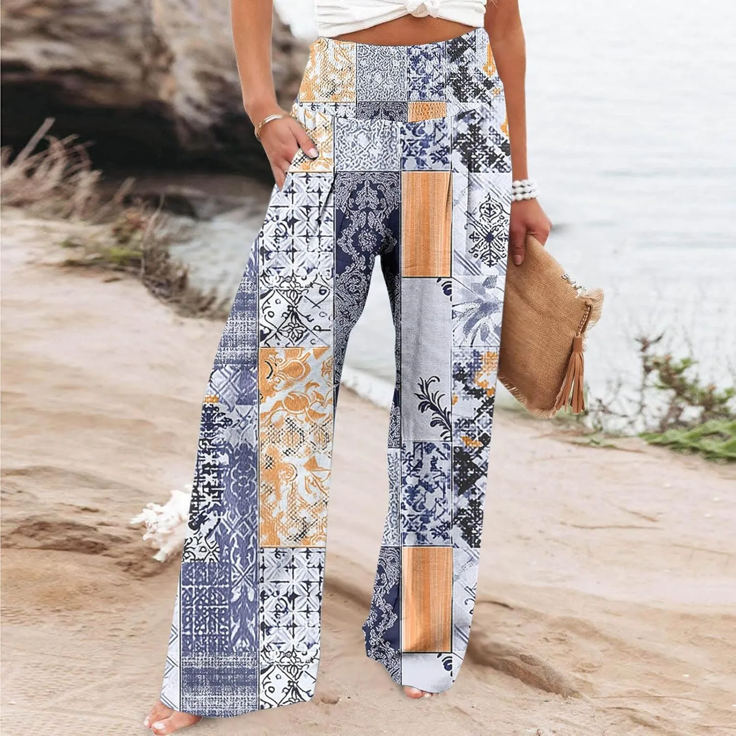 Fashion Print Cotton Linen Casual Pant for Women, Summer Lightweight Breathable Outdoor Trendy Palazzo Trousers