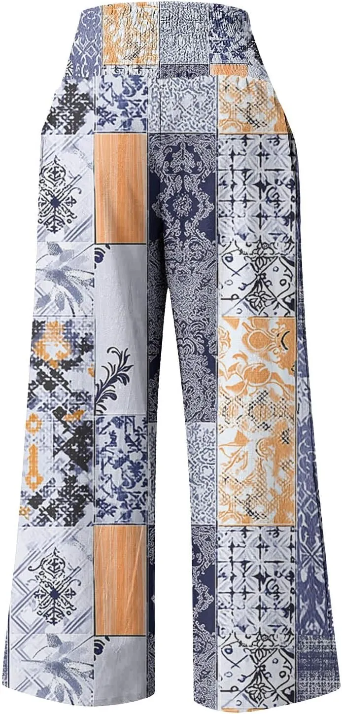 Fashion Print Cotton Linen Casual Pant for Women, Summer Lightweight Breathable Outdoor Trendy Palazzo Trousers