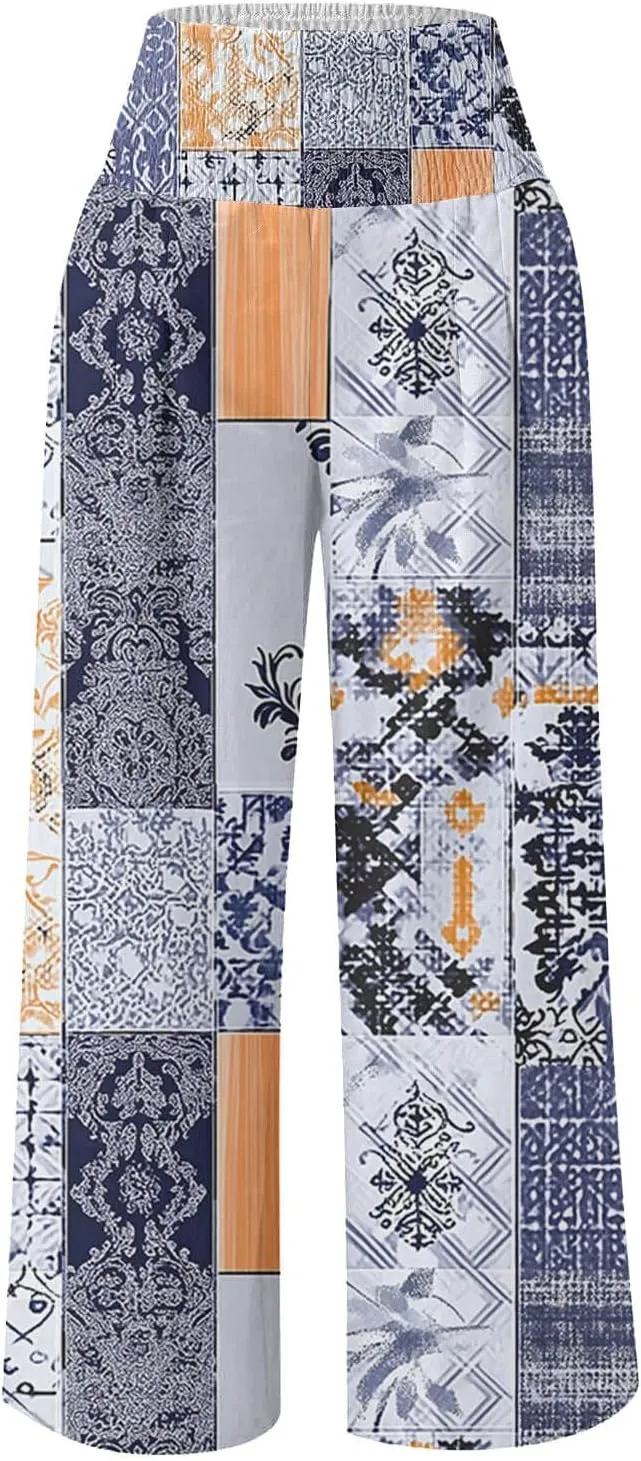 Fashion Print Cotton Linen Casual Pant for Women, Summer Lightweight Breathable Outdoor Trendy Palazzo Trousers