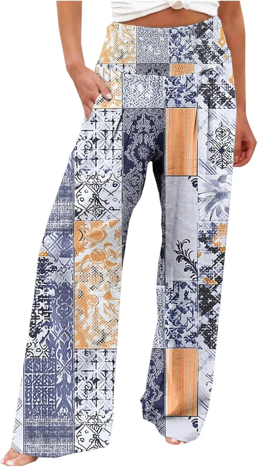 Fashion Print Cotton Linen Casual Pant for Women, Summer Lightweight Breathable Outdoor Trendy Palazzo Trousers