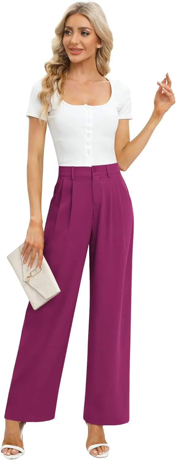 Feiersi Women's Business Work Trousers High Waisted Wide Leg Pants Long Straight Suit Pants with Pocket