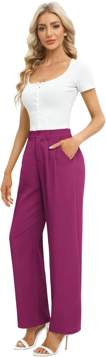 Feiersi Women's Business Work Trousers High Waisted Wide Leg Pants Long Straight Suit Pants with Pocket