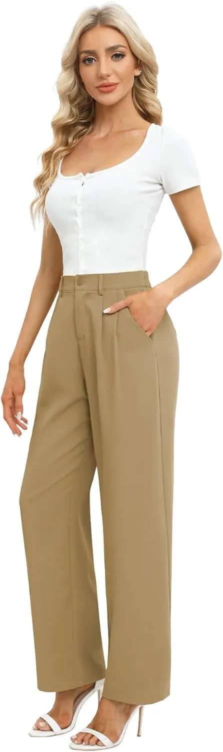 Feiersi Women's Business Work Trousers High Waisted Wide Leg Pants Long Straight Suit Pants with Pocket