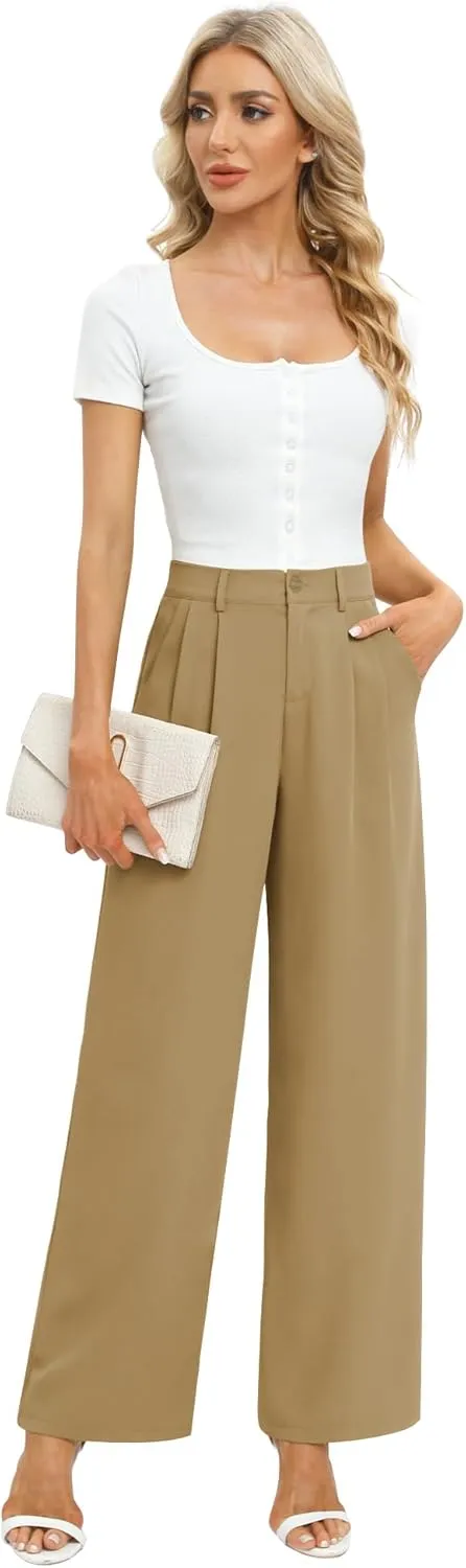 Feiersi Women's Business Work Trousers High Waisted Wide Leg Pants Long Straight Suit Pants with Pocket