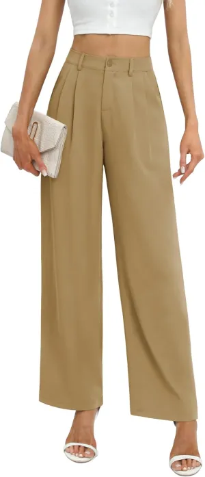 Feiersi Women's Business Work Trousers High Waisted Wide Leg Pants Long Straight Suit Pants with Pocket