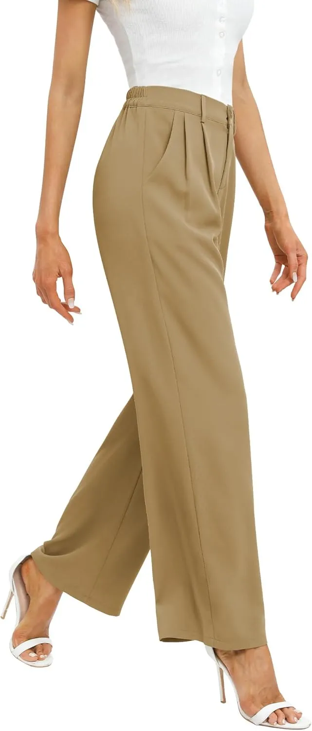 Feiersi Women's Business Work Trousers High Waisted Wide Leg Pants Long Straight Suit Pants with Pocket