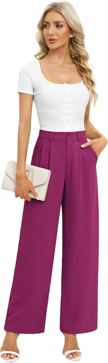 Feiersi Women's Business Work Trousers High Waisted Wide Leg Pants Long Straight Suit Pants with Pocket
