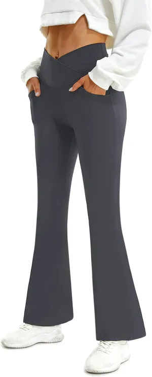 FireSwan Womens Crossover Flare Leggings with Pockets Bootcut High Waisted Yoga Pants Tummy Control Gym Workout Work Pants