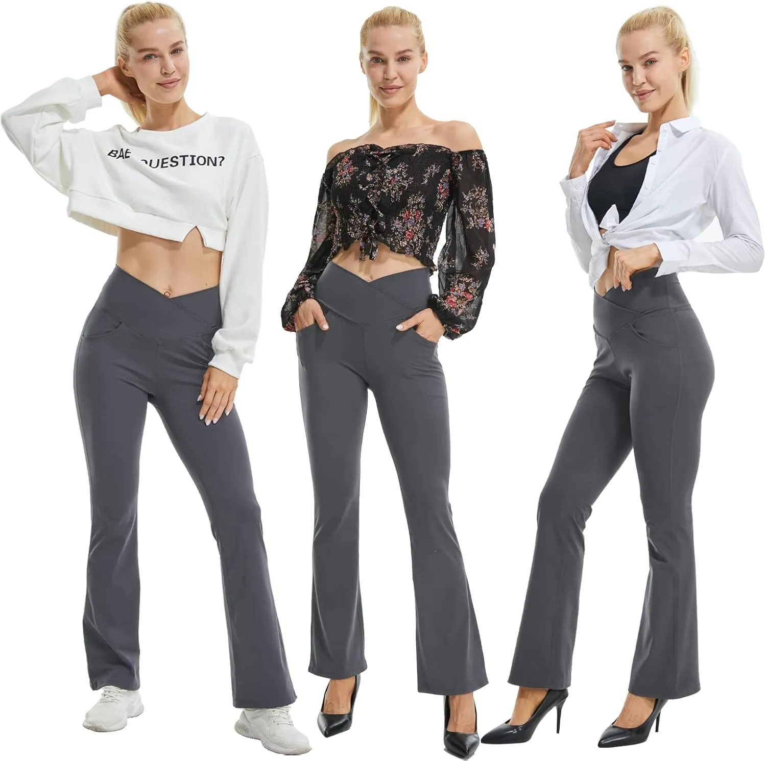 FireSwan Womens Crossover Flare Leggings with Pockets Bootcut High Waisted Yoga Pants Tummy Control Gym Workout Work Pants