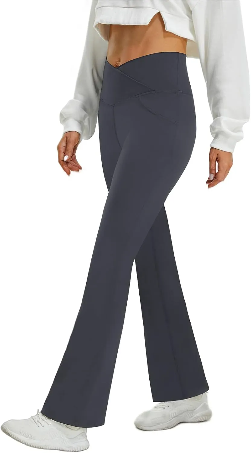 FireSwan Womens Crossover Flare Leggings with Pockets Bootcut High Waisted Yoga Pants Tummy Control Gym Workout Work Pants