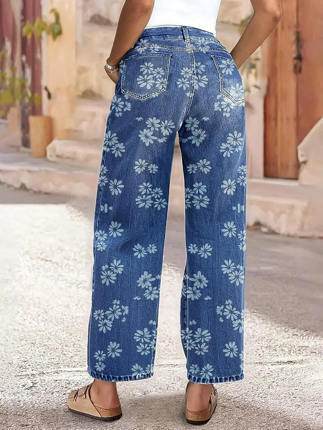 Flamingals High-Rise Vintage Floral Straight Leg Pants for Women Summer Casual Denim Pants