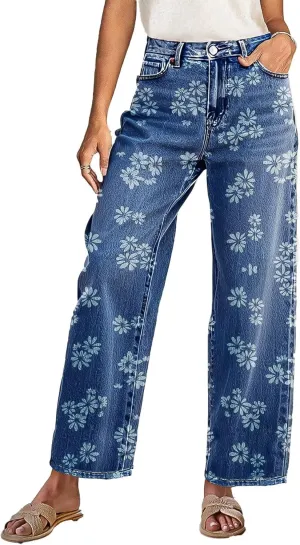 Flamingals High-Rise Vintage Floral Straight Leg Pants for Women Summer Casual Denim Pants