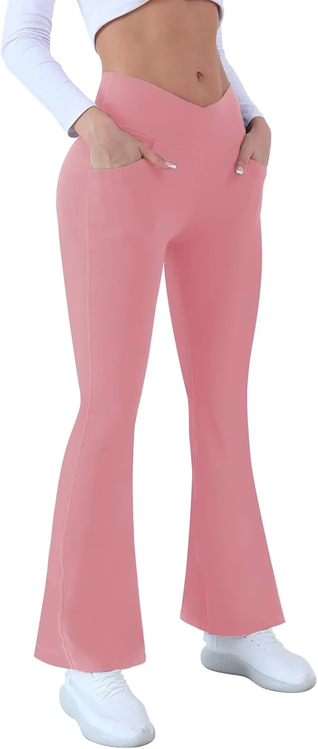 Flare Yoga Pants with Pockets for Women,High Waisted V Crossover Bootcut Yoga Leggings Stretchy Casual Workout Pants