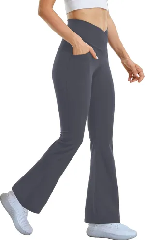 Flare Yoga Pants with Pockets for Women,High Waisted V Crossover Bootcut Yoga Leggings Stretchy Casual Workout Pants