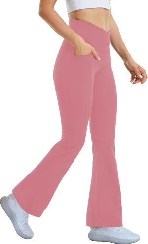 Flare Yoga Pants with Pockets for Women,High Waisted V Crossover Bootcut Yoga Leggings Stretchy Casual Workout Pants