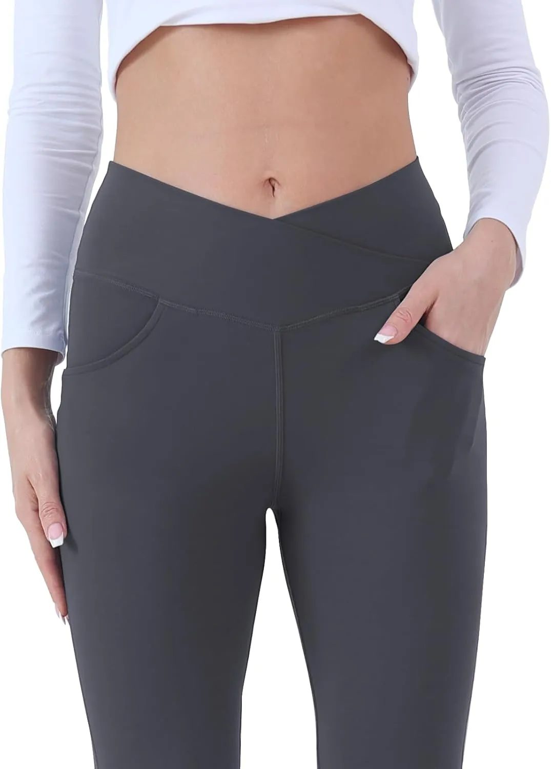Flare Yoga Pants with Pockets for Women,High Waisted V Crossover Bootcut Yoga Leggings Stretchy Casual Workout Pants