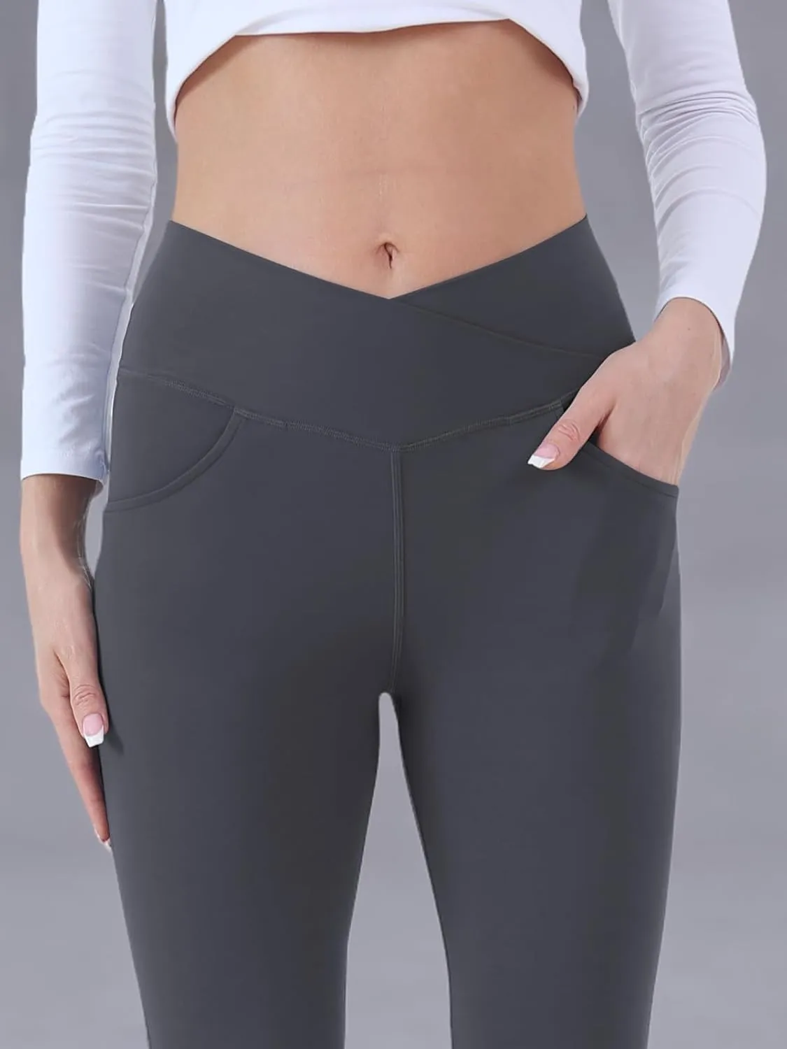 Flare Yoga Pants with Pockets for Women,High Waisted V Crossover Bootcut Yoga Leggings Stretchy Casual Workout Pants