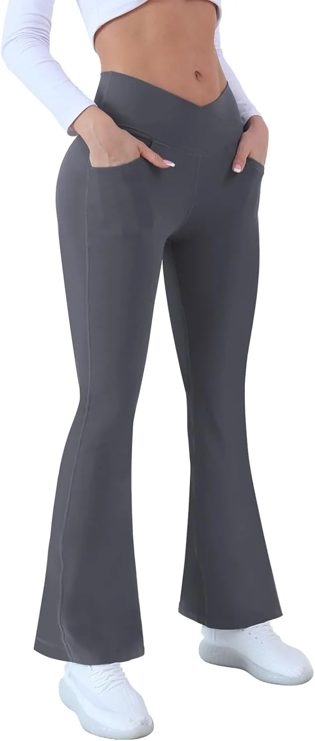 Flare Yoga Pants with Pockets for Women,High Waisted V Crossover Bootcut Yoga Leggings Stretchy Casual Workout Pants
