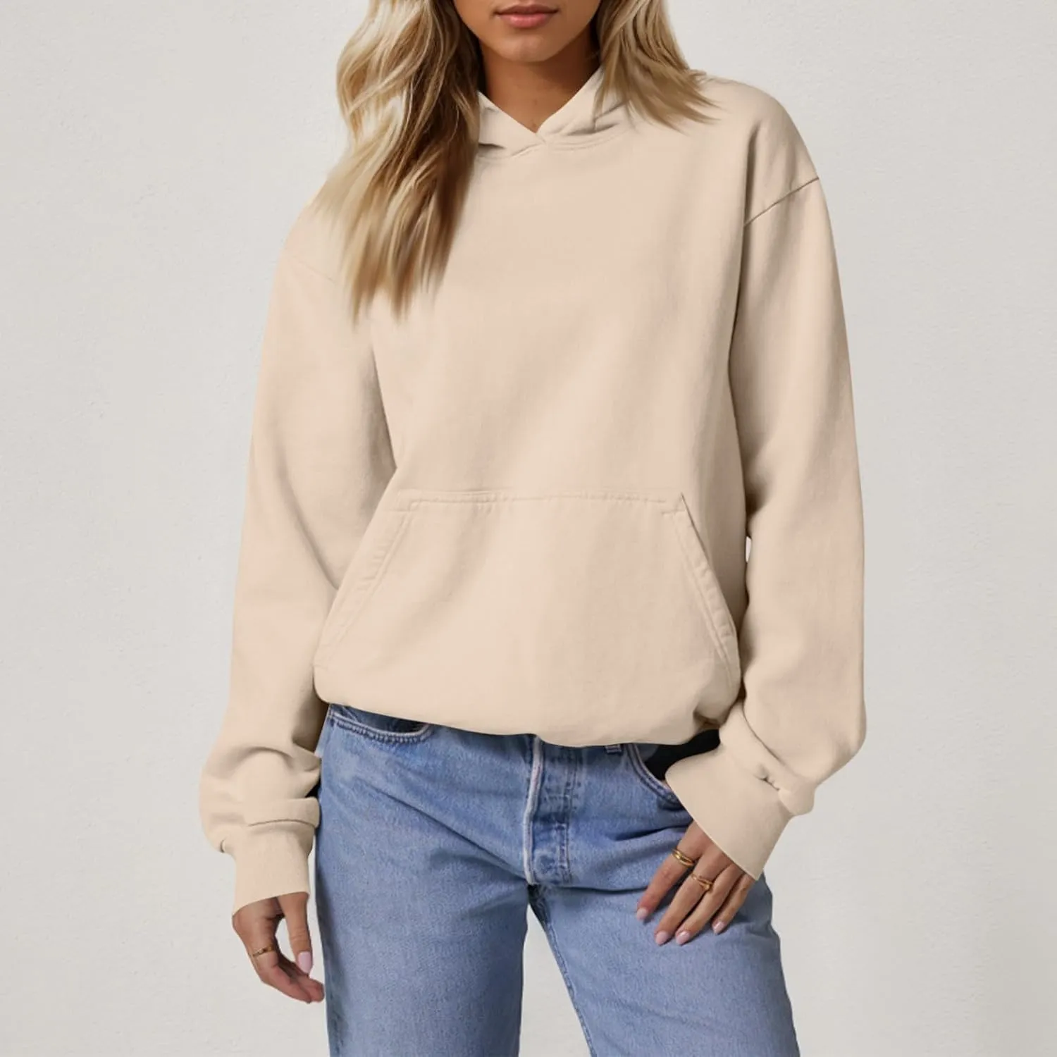 Fleece Hoodie Women Loose Fit Solid Color Oversized Sweaters Long Sleeve Hooded Sweatshirt with Pockets Pullover Tops