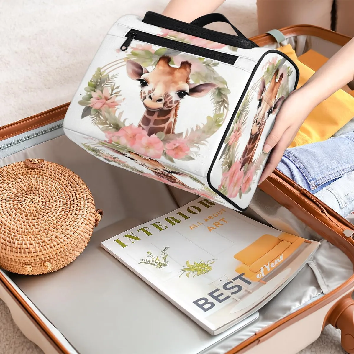 Floral Jungle Giraffe Hanging Toiletry Bags Travel Makeup Bag Water-resistant Makeup Cosmetic Bag Travel Organizer