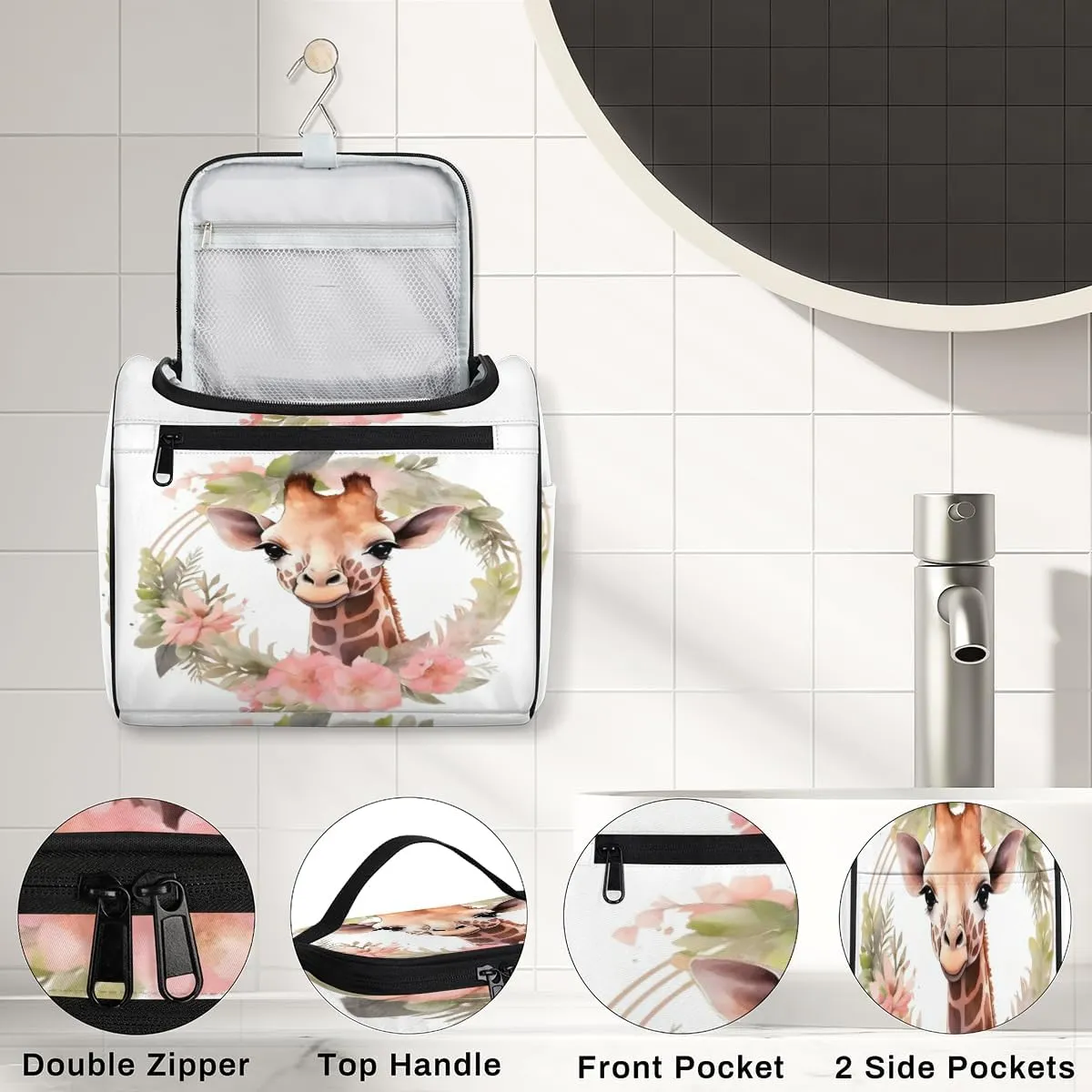 Floral Jungle Giraffe Hanging Toiletry Bags Travel Makeup Bag Water-resistant Makeup Cosmetic Bag Travel Organizer