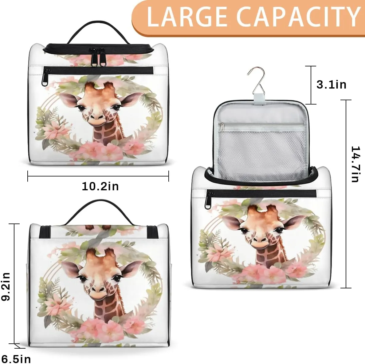 Floral Jungle Giraffe Hanging Toiletry Bags Travel Makeup Bag Water-resistant Makeup Cosmetic Bag Travel Organizer